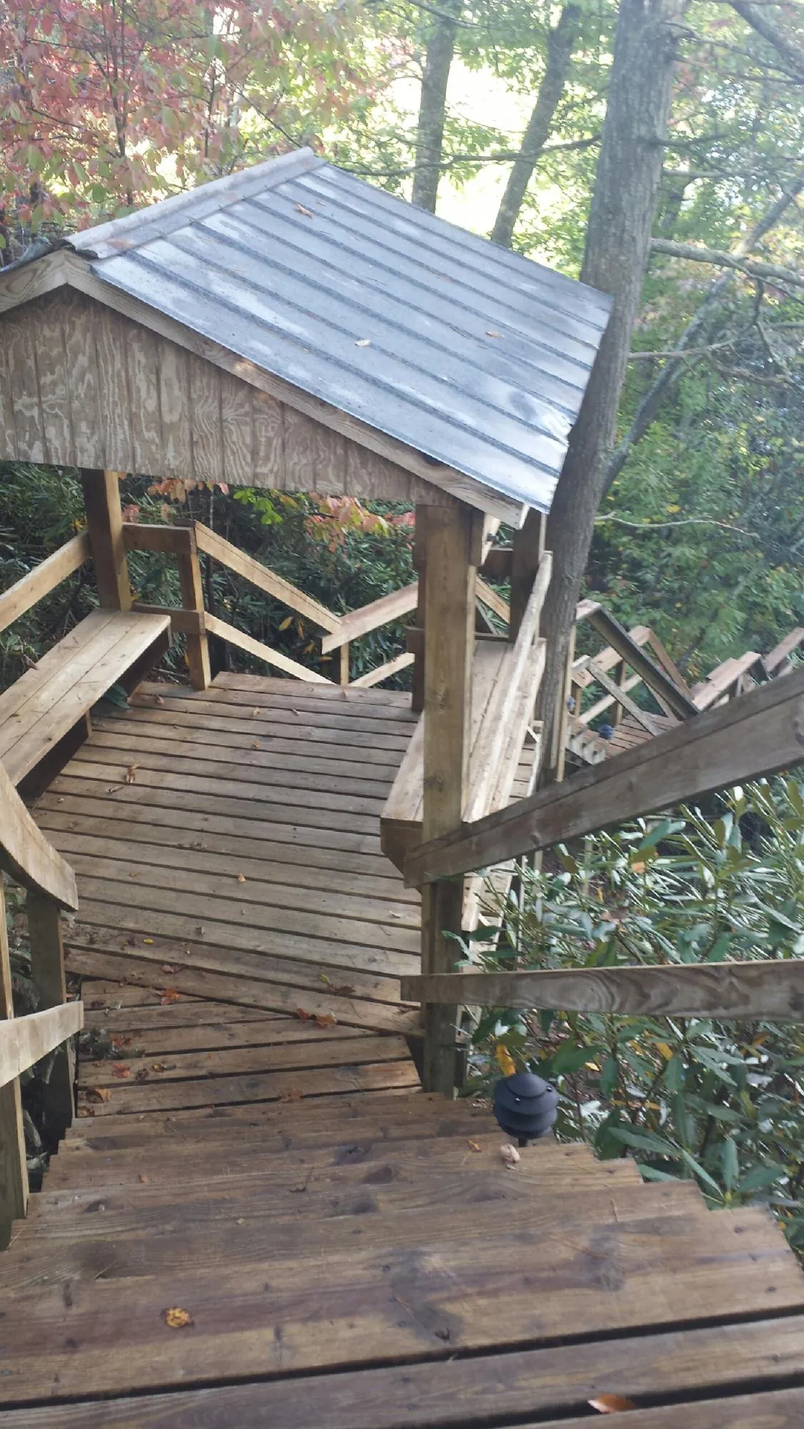Metal roofed shelter over wooden steps on a wooded walkway — Skylight Repair & Installation work by our crew in Locust Grove